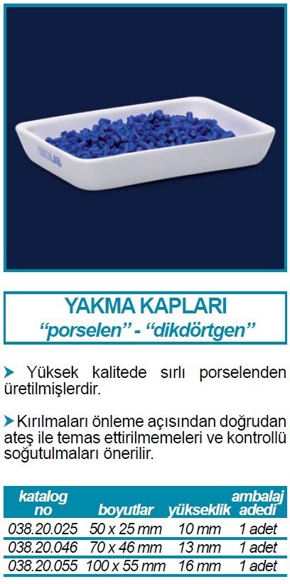 İSOLAB 038.20.025 yakma kabı porselen dikdörtgen